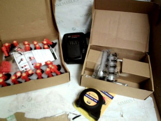 QUANTITY OF HARDWARE INC TILE SPACERS, TAPE MEASURE, DOOR FURNITURE, BOSCH CHARGES ETC APPROX 8 ITEMS