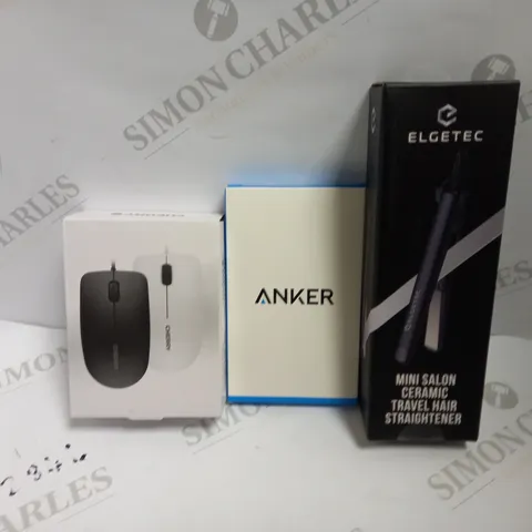 LOT OF APPROXIMATELY 18 ASSORTED ELECTRICALS & PERIPHERALS TO INCLUDE ELGETEC MINI TRAVEL HAIR STRAIGHTNER, CHERRY WIRED MOUSE IN BLACK, ANKER CHARGING BAND, ETC