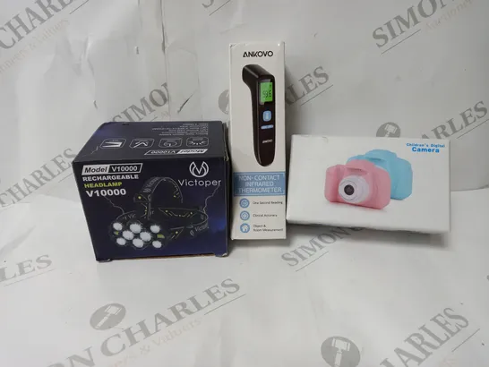 APPROXIMATELY 20 ASSORTED ITEMS TO INCLUDE RECHARGEABLE HEAD LAMP, NON-CONTACT INFRARED THERMOMETER, CHILDREN'S DIGITAL CAMERA ETC. 