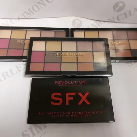 BOX OF 4 REVOLUTION PALETTES TO INCLUDE SFX FACE PAINT PALETTE AND SHADOW PALETTES 