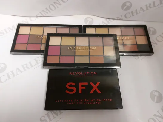 BOX OF 4 REVOLUTION PALETTES TO INCLUDE SFX FACE PAINT PALETTE AND SHADOW PALETTES 