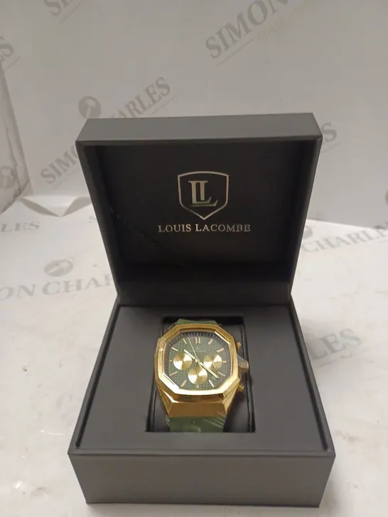 MENS LOUIS LACOMBE CHRONGRAPH WATCH – 3 SUB DIALS – GOLD COLOUR CASE – GREEN RUBBER STRAP