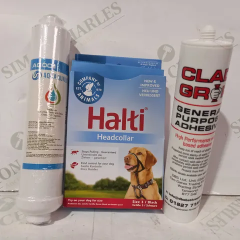 LOT OF APPROXIMATELY 10 ASSORTED HOUSEHOLD ITEMS TO INCLUDE CLAP GRIP ADHESIVE, HALTI HEADCOLLAR, AQ001 AQUA QUALITY, ETC