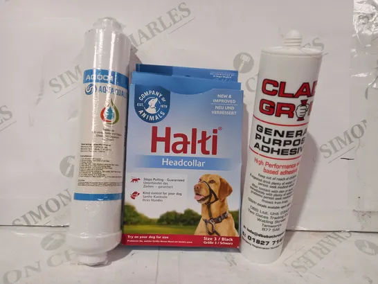 LOT OF APPROXIMATELY 10 ASSORTED HOUSEHOLD ITEMS TO INCLUDE CLAP GRIP ADHESIVE, HALTI HEADCOLLAR, AQ001 AQUA QUALITY, ETC