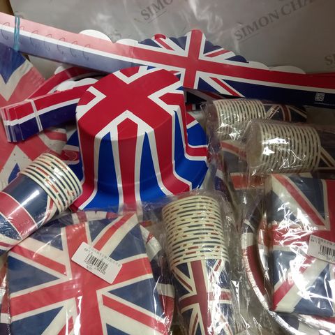 BOX OF UNION JACK/JUBILEE PARTY PLATES, NAPKINS, CUPS, HAT ETC.