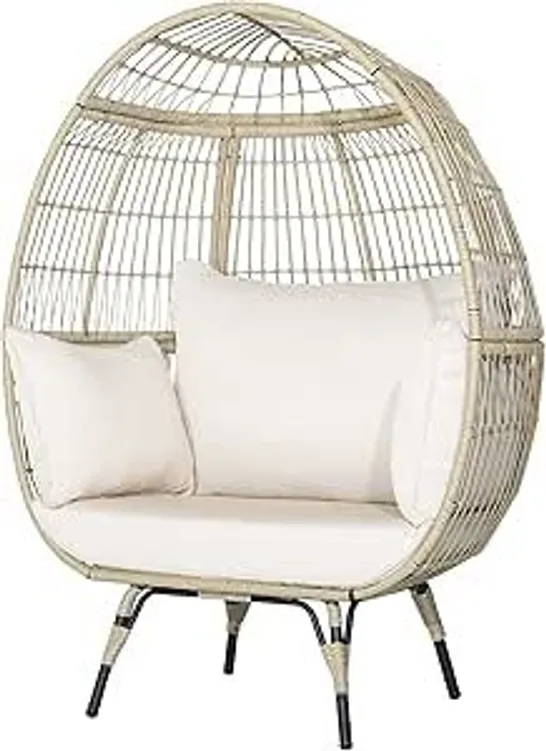 BOXED COSTWAY WICKER CHAIR WITH REMOVABLE CUSHION & METAL FRAME OVERSIZED LOUNGE CHAIR - BEIGE 