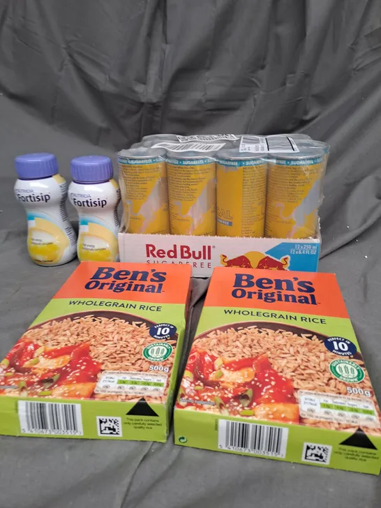 BOX OF APPROXIMATELY 15 ITEMS TO INCLUDE BENS ORIGINAL RICE, FORTSIP, RED BULL PACK ETC