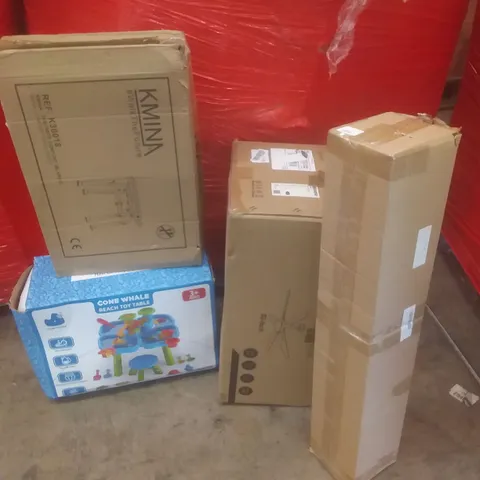 PALLET OF ASSORTED ITEMS INCLUDING COMFORT STOOL, POP UP CAMPING CHAIRS, BEACH TOY TABLE