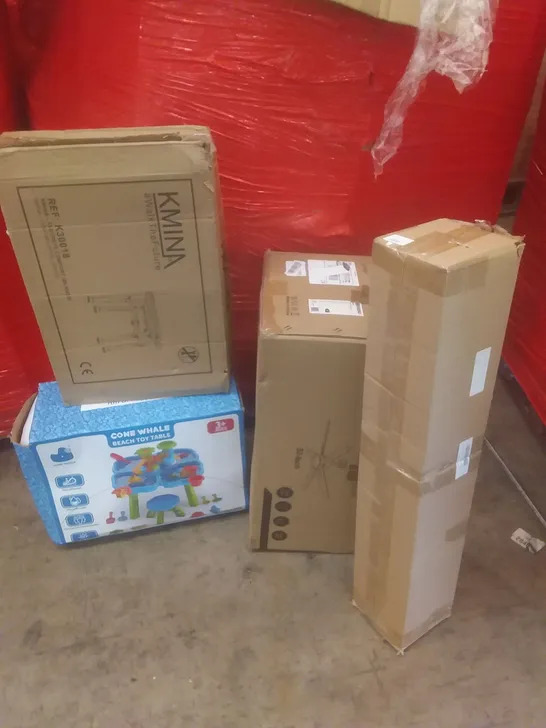 PALLET OF ASSORTED ITEMS INCLUDING COMFORT STOOL, POP UP CAMPING CHAIRS, BEACH TOY TABLE