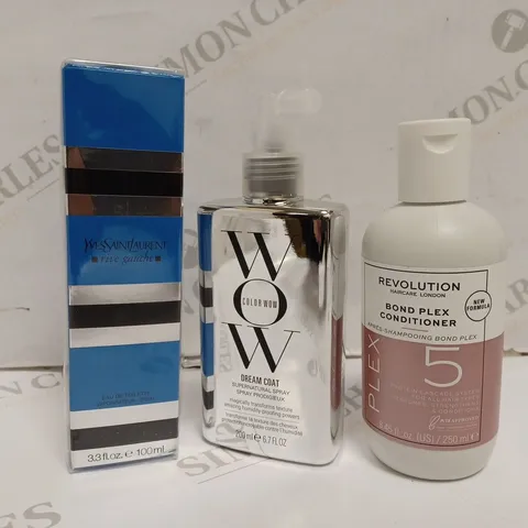 APPROXIMATELY 10 ASSORTED HEALTH AND BEAUTY PRODUCTS TO INCLUDE SEALED YVES SAINT LAURENT EAU DE TOILETTE SPRAY AND COLOR WOW DREAM COAT SUPERNATURAL SPRAY, REVOLUTION BOND PLEX CONDITIONER  