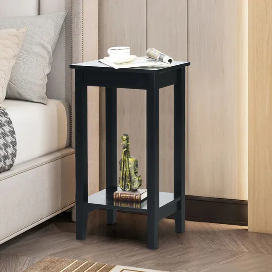 BOXED BEDSIDE TABLE SOFA END TABLE WITH 2 STORAGE SHELVES - BLACK