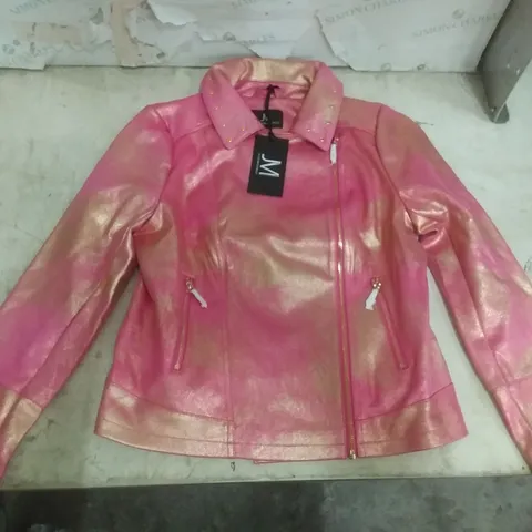 BOX OF APPROXIMATELY 13 JULIEN MACDONALD PINK/GOLD BIKER JACKET - SIZE 14