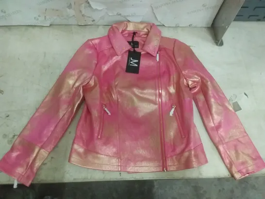 BOX OF APPROXIMATELY 13 JULIEN MACDONALD PINK/GOLD BIKER JACKET - SIZE 14