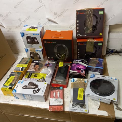 LOT OF APPROX. 15 ASSORTED ELECTRONICS SUCH AS LANDLINE PHONE, PC HEADSETS, PC SPEAKERS ETC