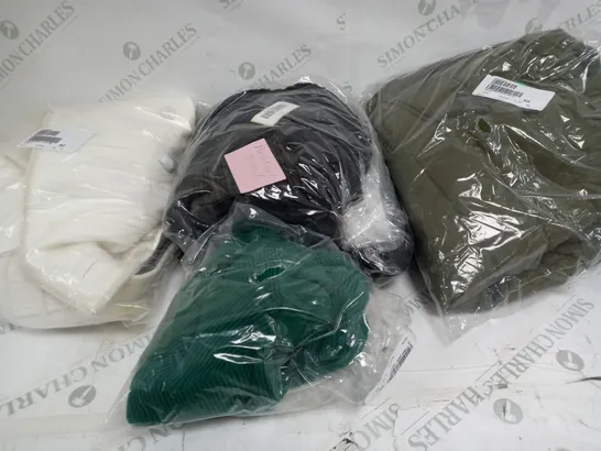 BOX OF APPROXIMATELY 10 ASSORTED CLOTHING ITEMS TO INCLUDE  BIG GREEN COAT, GREEN JUMPER, WHITE WINTER COAT ETC