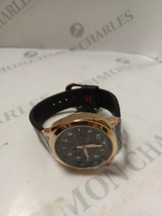 BOXED GAMAGES LONDON APEX ROSE GOLD BLACK DIAL CHRONOGRAPH MOVEMENT WATCH 