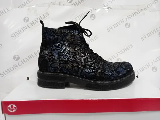 BOXED RIEKER LACE UP BOOTS, DARK FLORAL - SIZE 7.5