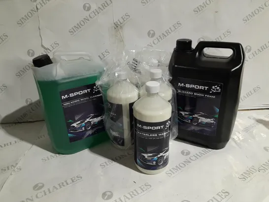 7 ASSORTED M-SPORT VEHICLE CLEANING PRODUCTS TO INCLUDE NON-ACIDIC WHEEL CLEANER 5 LITRE, BLIZZARD SNOW FOAM 5 LITRE, WASH AND CLEAN 1 LITRE 