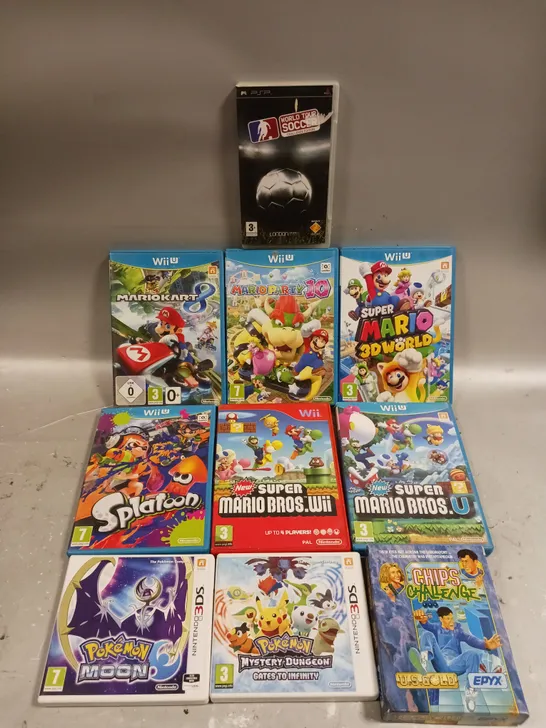 10 X ASSORTED VIDEO GAMES TO INCLUDE SPLATOON, MARIO PARTY 10, POKEMON MOON ETC 