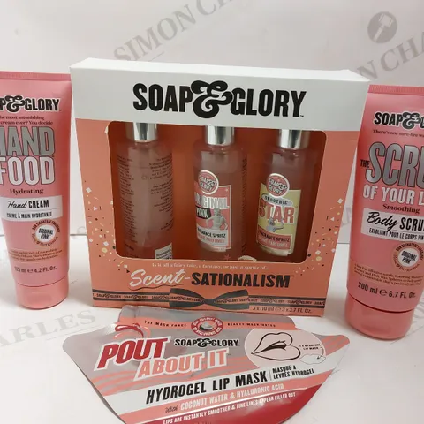 BOX OF 4 SOAP AND GLORY ITEMS TO INCLUDE SCRUB OF YOUR LIFE BODY SCRUB, HAND FOOD CREAM, POUT ABOUT IT LIP MASK