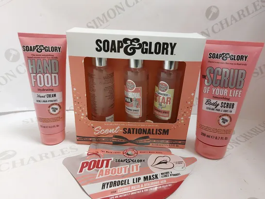 BOX OF 4 SOAP AND GLORY ITEMS TO INCLUDE SCRUB OF YOUR LIFE BODY SCRUB, HAND FOOD CREAM, POUT ABOUT IT LIP MASK