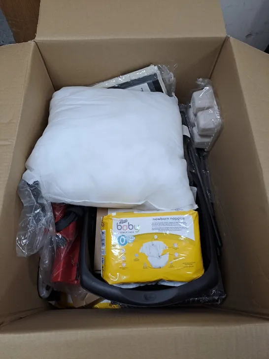 LARGE BOX OF ASSORTED ITEMS TOO INCLUDE NAPPIES , VACUUM CLEANER PARTS AND CURTAINS , ETC 