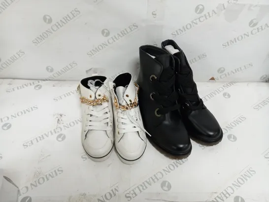 APPROXIMATELY 4 BOXED PAIRS OF SHOES TO INCLUDE QUEEN TINA BOOTS SIZE 41, WHITE TRAINERS SIZE 37  