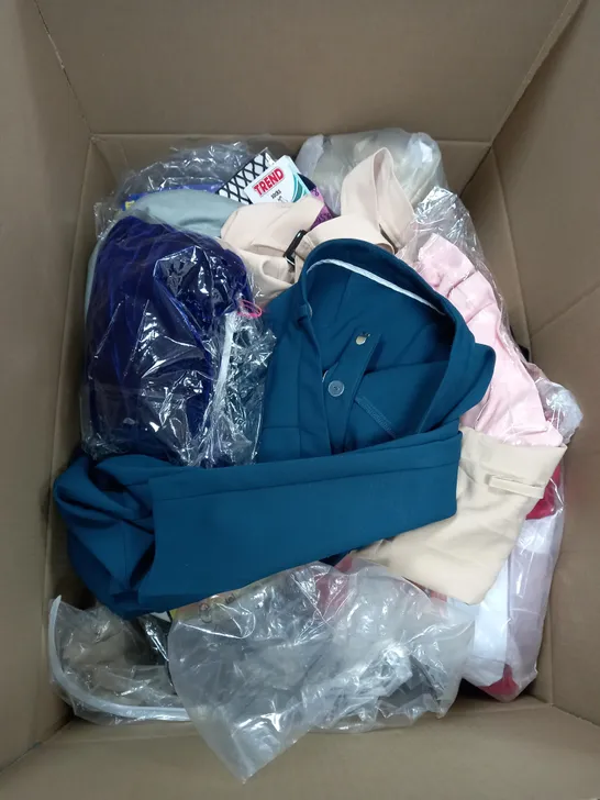 BOX OF APPROX. 50 ASSORTED CLOTHING VARYING IN SIZE/COLOUR/STYLE TO INCLUDE:  TOPS, TROUSERS, JUMPERS