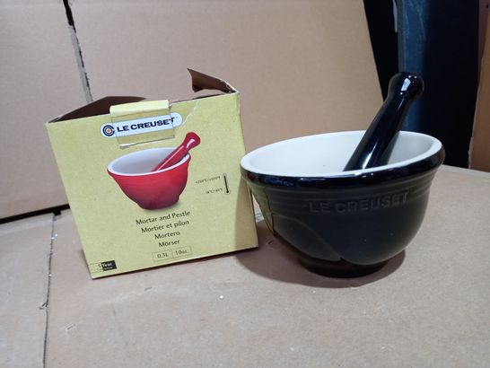 LE CREUSET MORTAR AND PESTLE, ENAMELLED STONEWARE