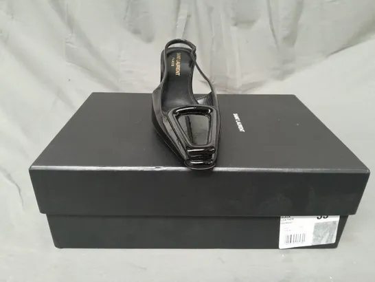 BOXED PAIR OF SAINT LAURENT PARIS CLOSED TOE LOW HEEL SHOES IN GLOSSY BLACK EU SIZE 35