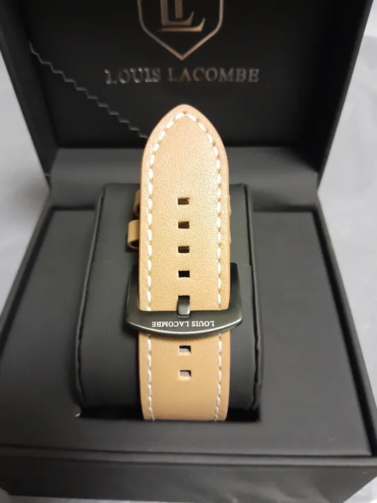 MENS LOUIS LACOMBE CHRONGRAPH WATCH WITH 3 SUB DIALS, BLACK CASE AND LEATHER STRAP