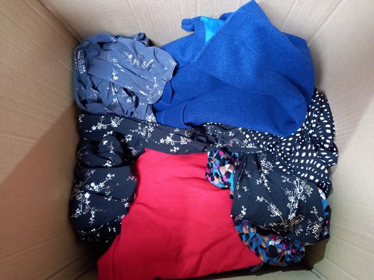 BOX OF APPROX 10 DESIGNER STYLE CLOTHING ITEMS TO INCLUDE HELENE BERMAN JACKET IN RED, MONSOON DRESS IN BLUE, HELENE BERMAN JACKET IN BLUE