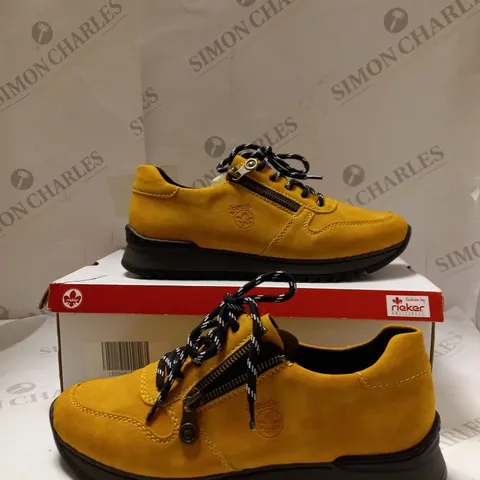 BOXED PAIR OF RIEKER YELLOW SUEDETTE ZIP TRAINERS, SIZE 6