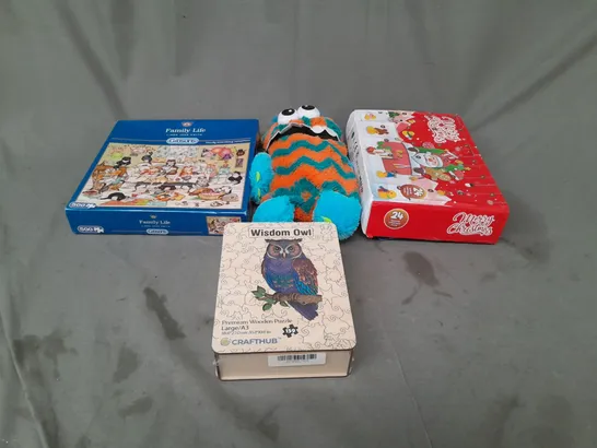 BOX OF APPROX 10 ASSORTED TOYS AND GAMES TO INCLUDE JIGSAWS, TEDDIES AND WOODEN PUZZLE