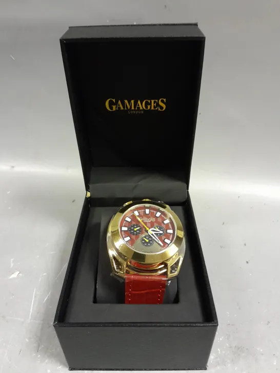 GAMAGES STATURE GOLD CASING RED DIAL WATCH 