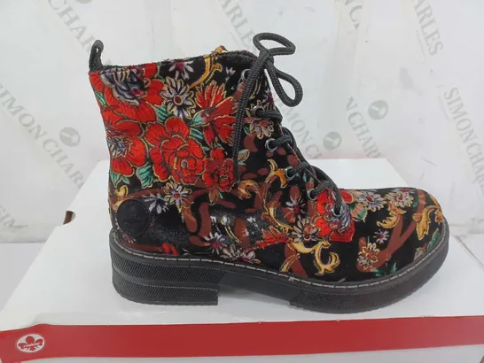 BOXED PAIR OF RIEKER LACE UP BOOTS MULTI/FLORAL PATTERN - SIZE 38