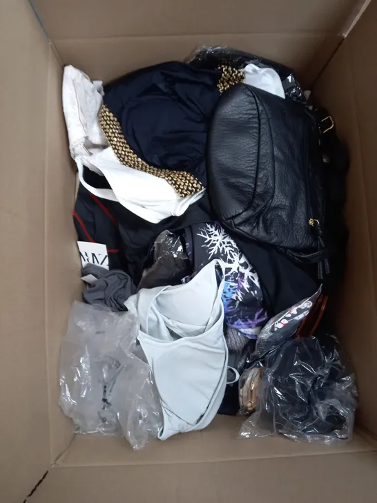 BOX OF APPROXIMATELY 22 ASSORTED CLOTHING ITEMS TO INCLUDE - SOCKS, TROUSERS , DRESSES ETC