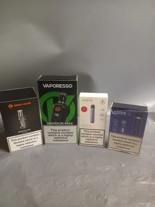 APPROXIMATELY 20 BOXED E-CIGARETTES TO INCLUDE GEEK VAPE, VAPORESSO, VOOPOO ETC