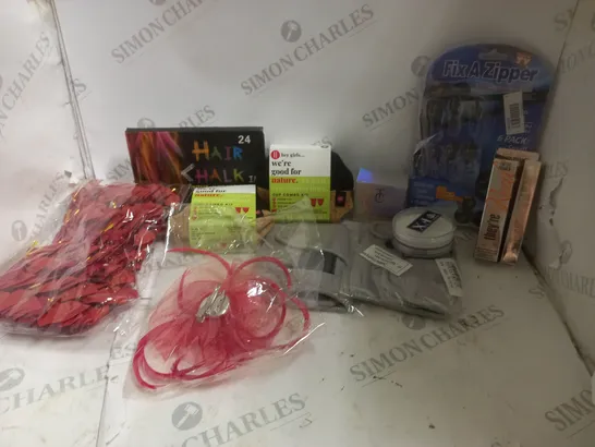 APPROXIMATELY 20 ASSORTED ITEMS TO INCLUDE HEY GIRLS PERIOD CUP, HAIR CHALK, DECORATIVE HAIR PIECE, ETC