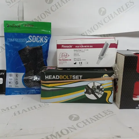BOX OF APPROXIMATELY 10 ASSORTED ITEMS TO INCLUDE - HEADBOLTSET - PEAK FLOW METER - COMPRESS SOCKS ETC