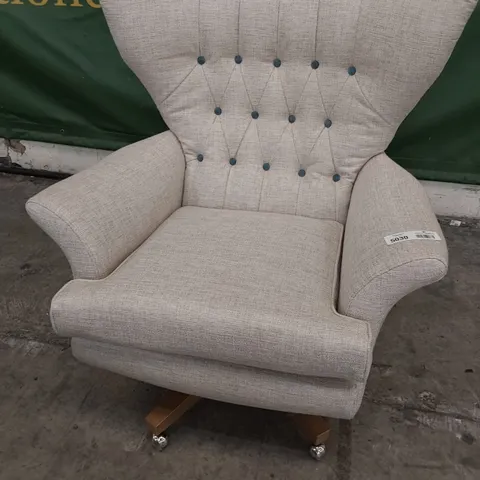 QUALITY BRITISH DESIGNER G PLAN VINTAGE WINGED SWIVEL CHAIR NATURAL FABRIC 