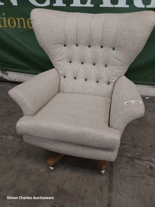 QUALITY BRITISH DESIGNER G PLAN VINTAGE WINGED SWIVEL CHAIR NATURAL FABRIC 