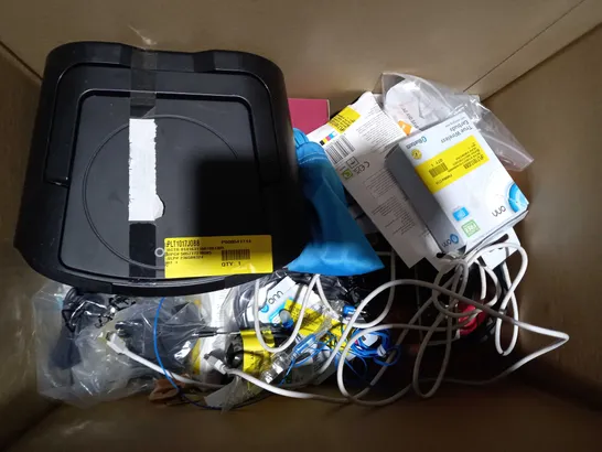 BOX OF APPROXIMATELY 10 ASSORTED ELECTRICAL ITEMS TO INCLUDE ONE FOR ALL UNIVERSAL REMOTE, ASDA TECH WIRED HEADPHONES, ONN WIRELESS HEADPHONES, ETC