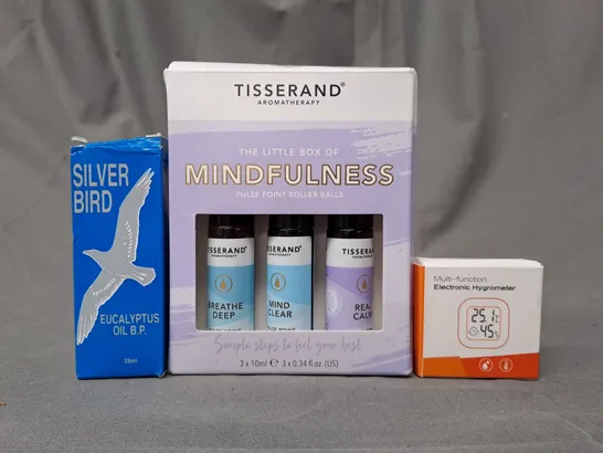 APPROXIMATELY 10 ASSORTED HOUSEHOLD ITEMS TO INCLUDE SILVER BIRD EUCALYPTUS OIL, MINDFULNESS PULSE POINT ROLLER BALLS, ELECTRONIC HYDROMETER, ETC