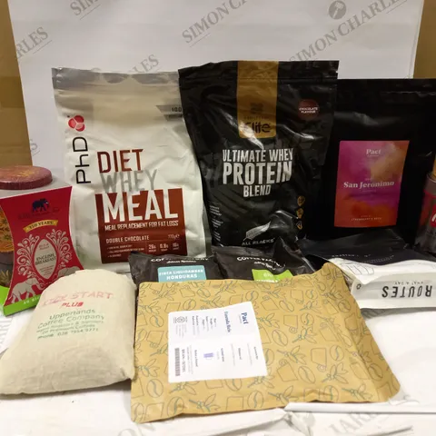 LOT OF APPROXIMATELY 11 ITEMS TO INCLUDE PHD DIET WHEY MEAL POWDER DOUBLE CHOCOLATE, HEALTHSPAN ULTIMATE WHEY PROTEIN BLEND, ILLY CLASSIC ROAT COFFEE, ETC