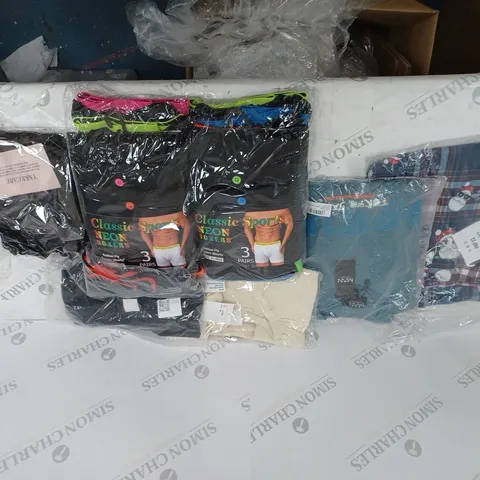 BOX OF ASSORTED CLOTHING ITEMS TO INCLUDE PYJAMAS, TOPS, BOXERS ETC