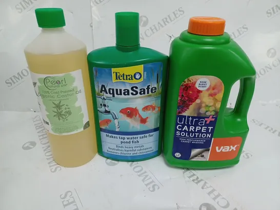 BOX OF APPROXIMATELY 15 ASSORTED HOUSEHOLD CLEANING PRODUCTS TO INCLUDE PEARL CASTOR OIL, TETRA AQUASAFE, VAX CARPET SOLUTION, ETC