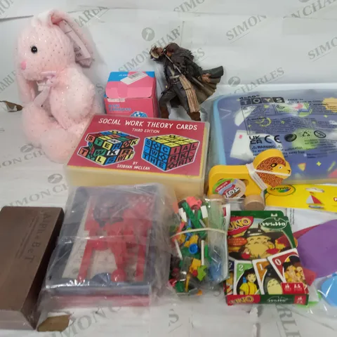 LARGE BOX OF ASSORTED TOYS AND GAMES TO INCLUDE TEDDIES, LEGO AND THEORY CARDS