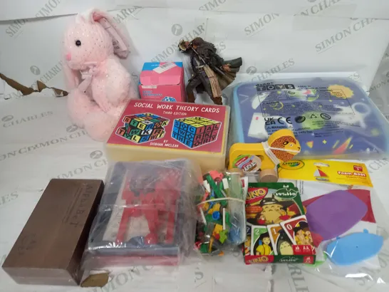 LARGE BOX OF ASSORTED TOYS AND GAMES TO INCLUDE TEDDIES, LEGO AND THEORY CARDS