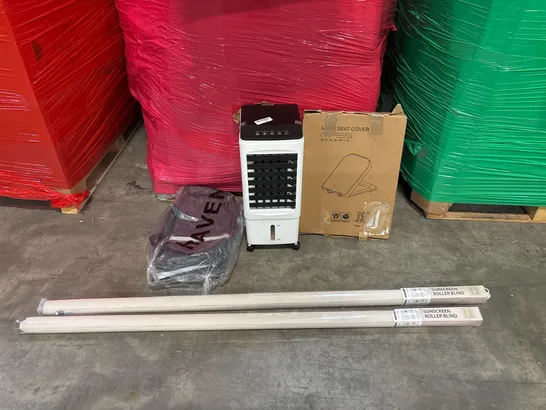 PALLET OF ASSORTED CONSUMER PRODUCTS TO INCLUDE: AIR COOLER, BACKPACK, ROLLER BLINDS, TOILET SEAT ECT